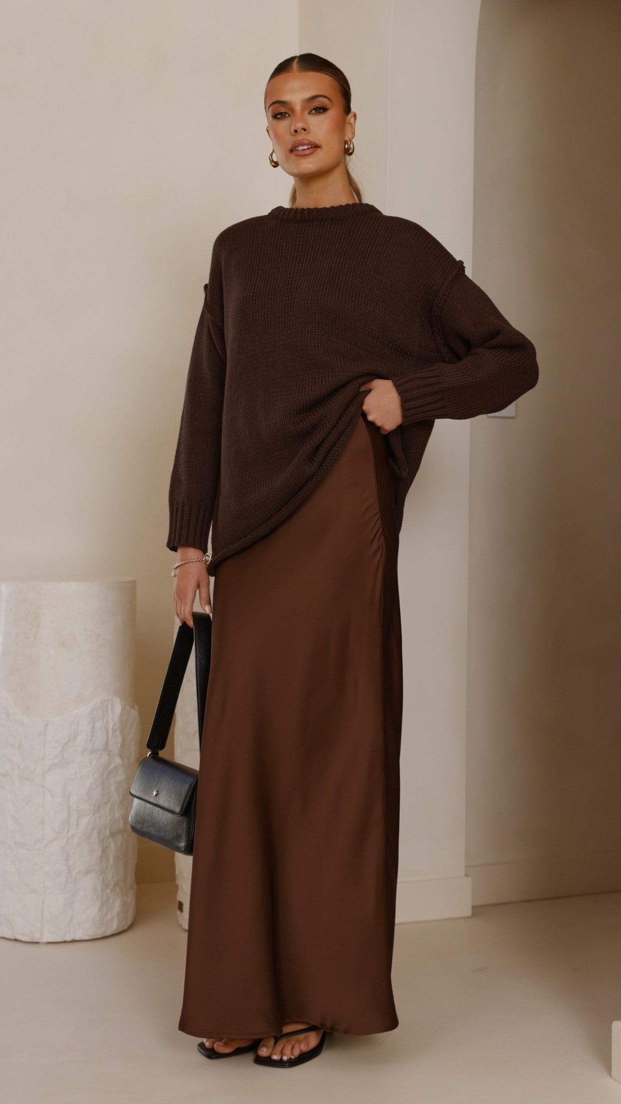 Darina Bias Cut Maxi Skirt - Chocolate
