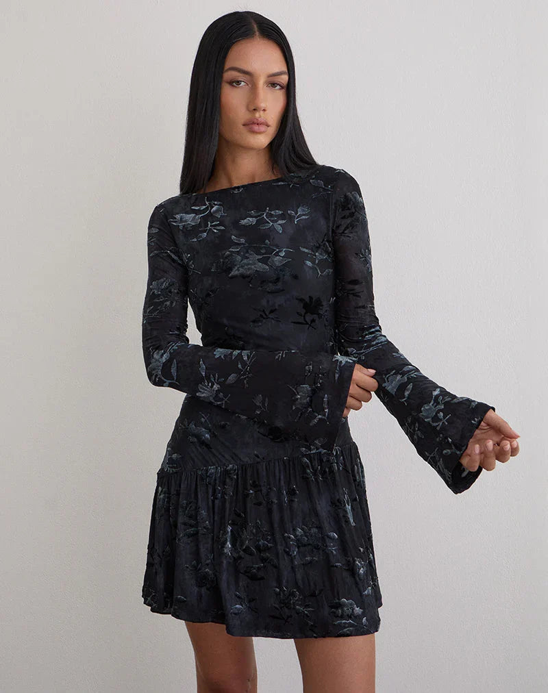 Anyeli Mini Dress in Leaf Velvet Dark Blue