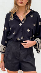 Deni Button Up Shirt - Black/Beige