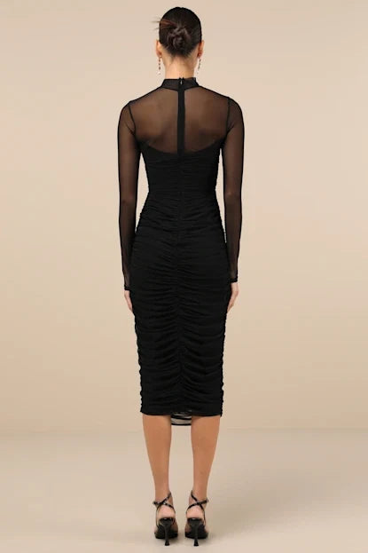 Impressive Flirt Black Mesh Ruched Mock Neck Midi Dress