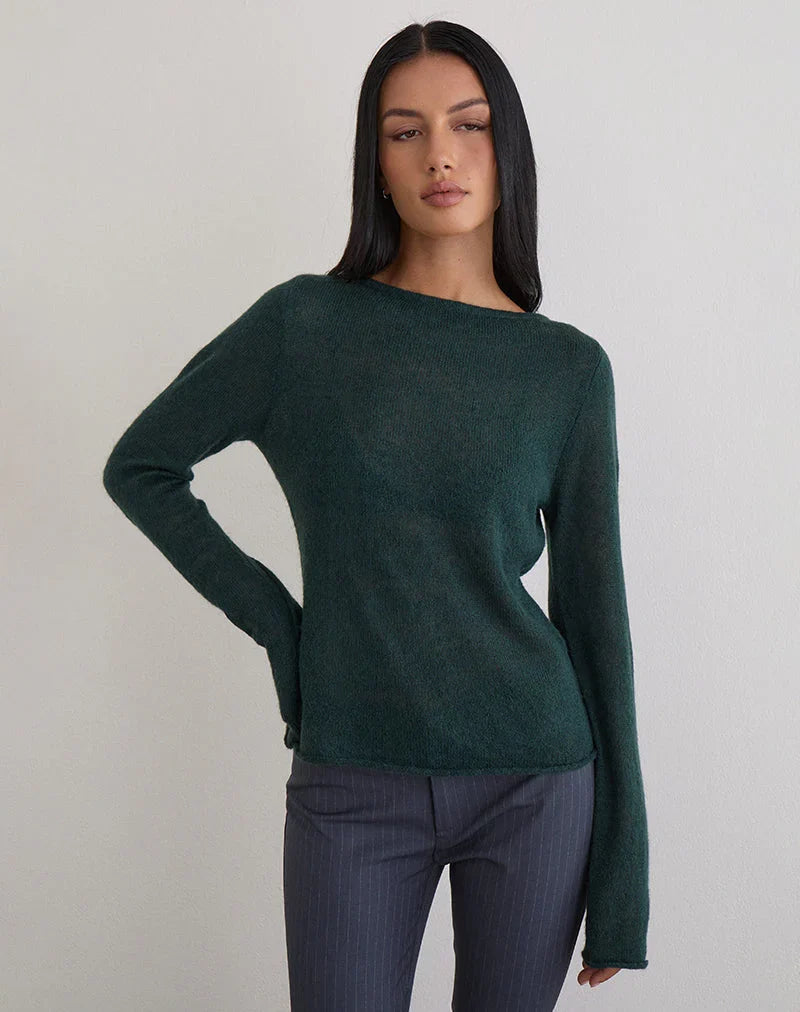Aika Top in Sheer Knit Dark Green