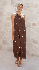 Nasira One Shoulder Maxi Dress - Chocolate / White Polka Dot