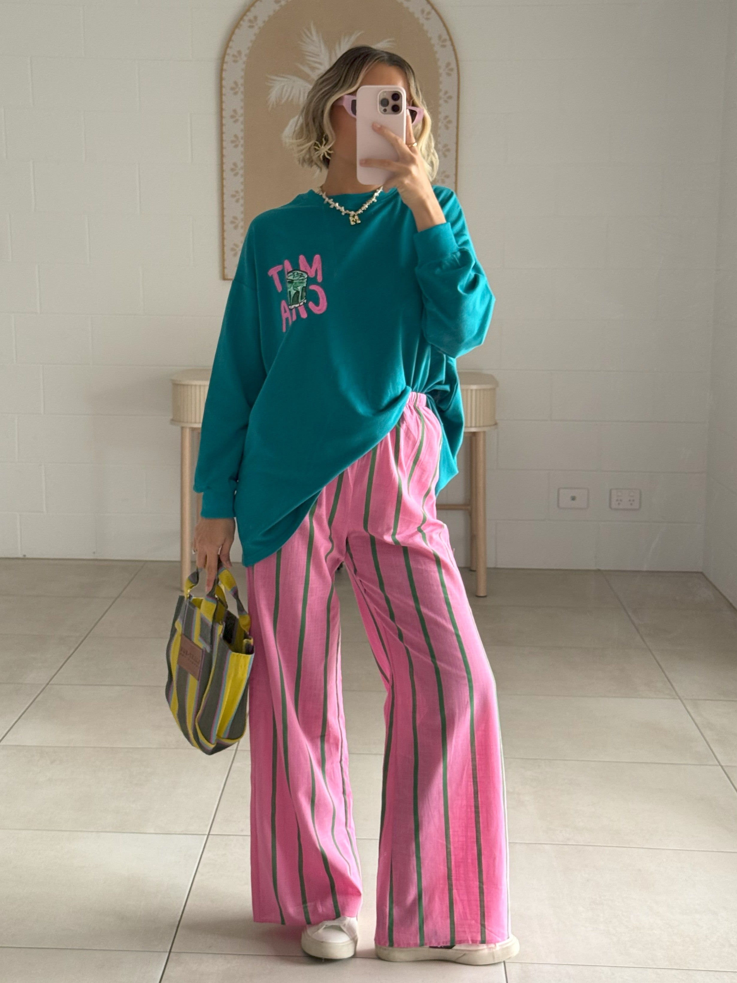 Matcha Long Sleeve Top and Pants Set - Teal / Pink