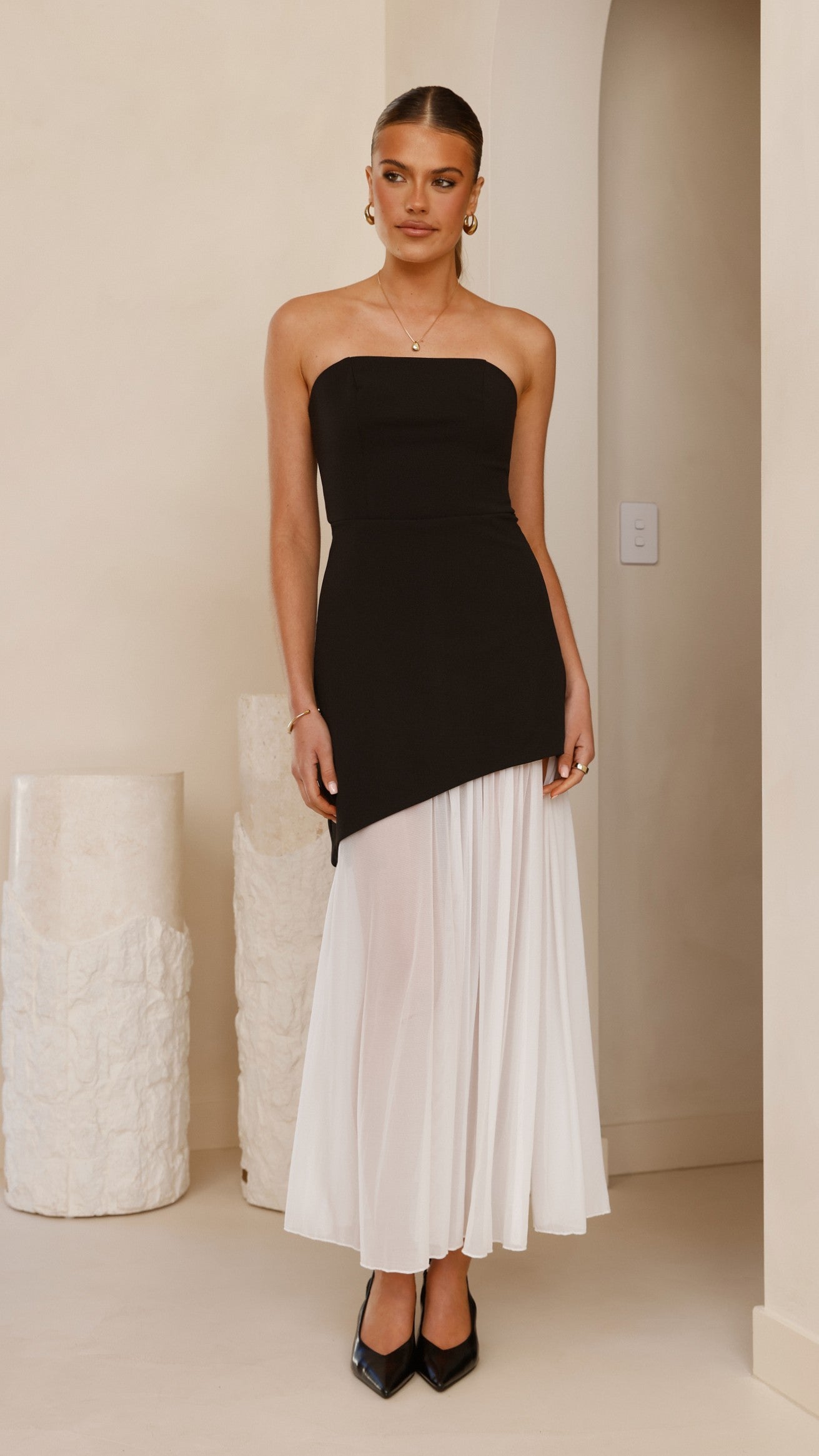 Fenella Asymmetrical Maxi Dress - Black / White