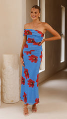 Eisa One Shoulder Maxi Dress - Blue / Red Floral