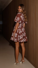Erin Mini Dress - Brown Daylillies