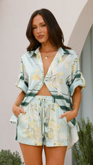 Vallerie Button Up Shirt - Aqua/Yellow Print