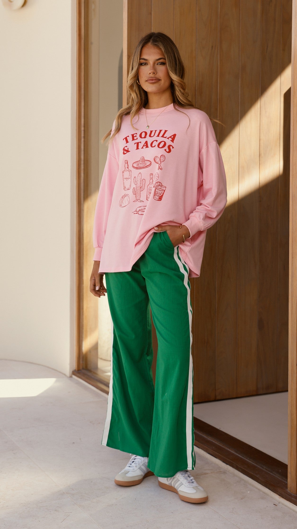 Tequila and Tacos Long Sleeve Top and Pants Set - Pink / Green