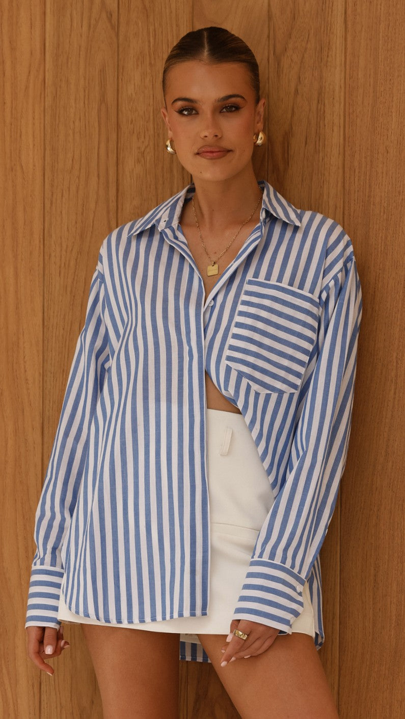 Zoah Long Sleeve Button Up Shirt - Blue/White Stripe