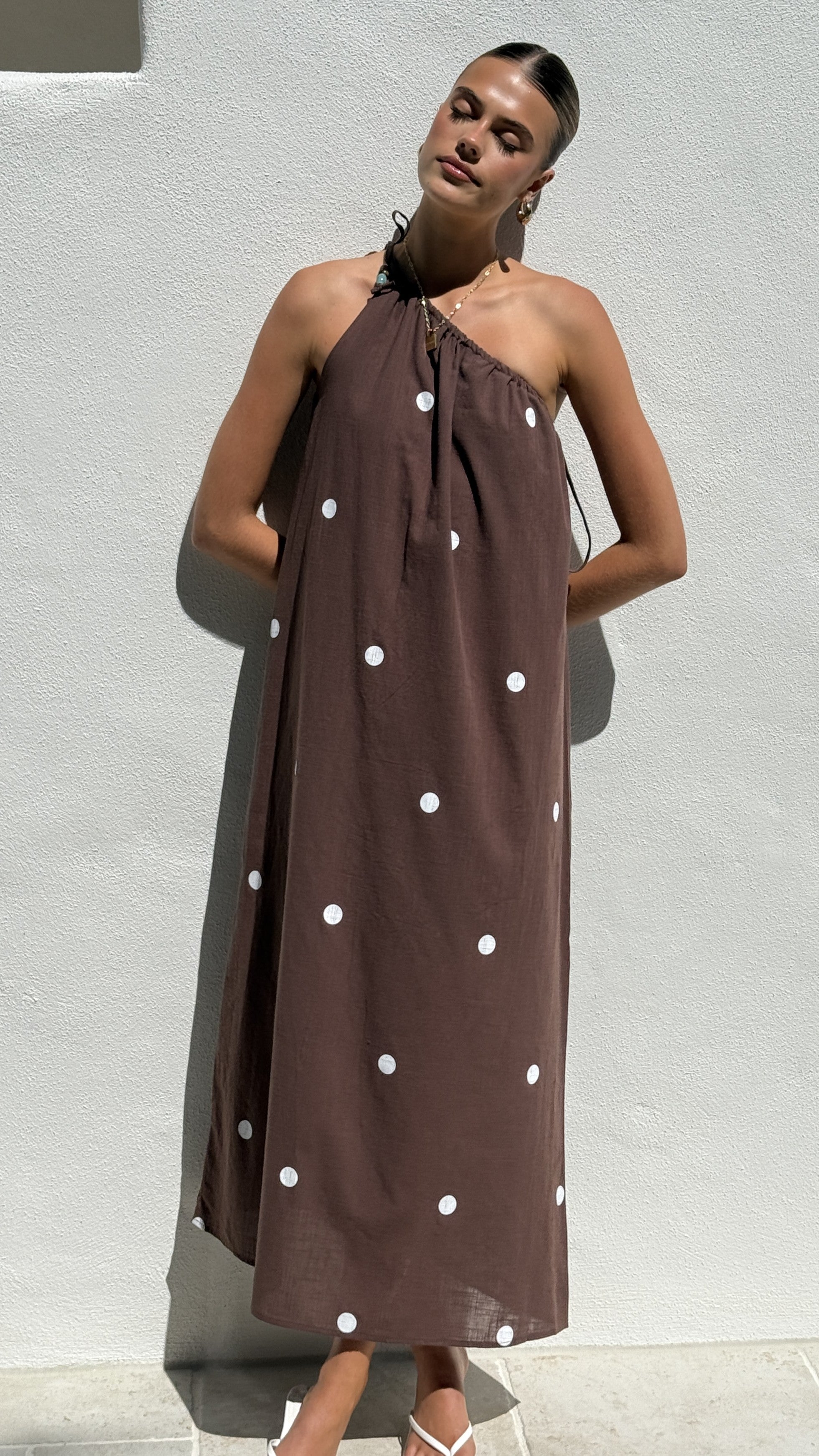 Nasira One Shoulder Maxi Dress - Chocolate / White Polka Dot