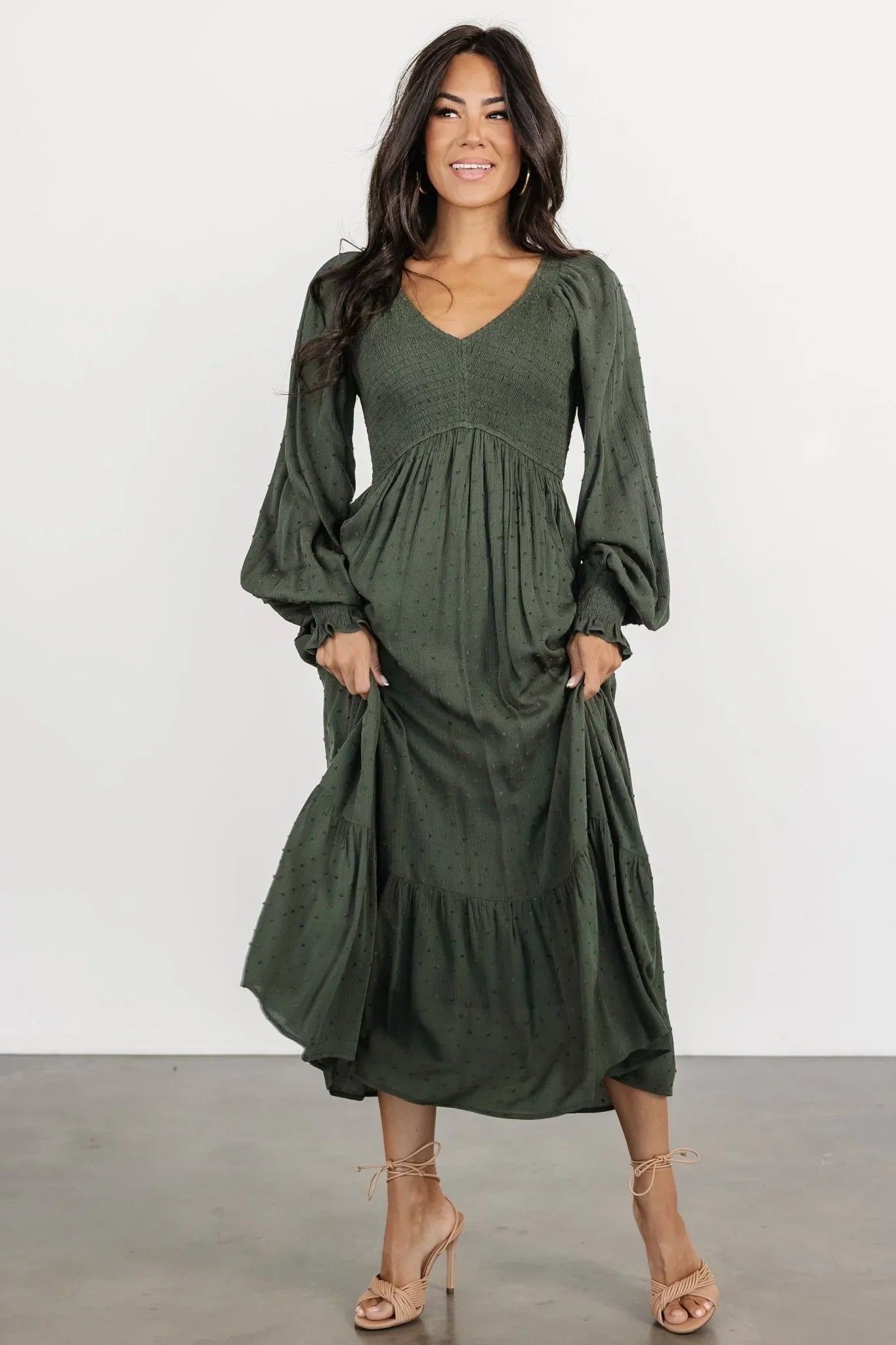 Lainey Smocked Dotted Midi Dress | Deep Olive