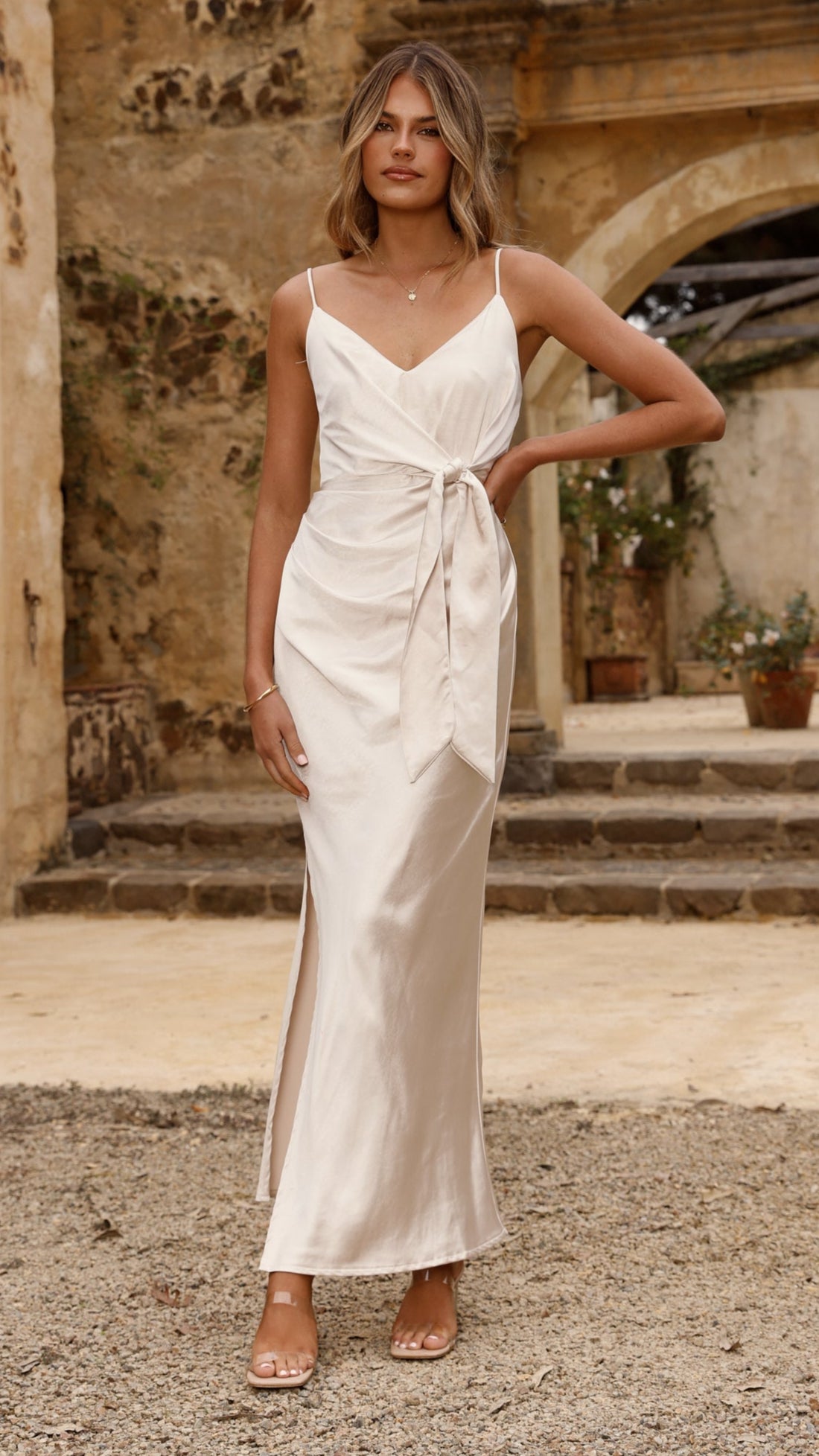 Yasmeen Tie Front Maxi Dress - Champagne