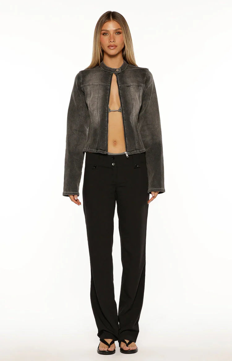 Corey Black Washed Denim Biker Jacket