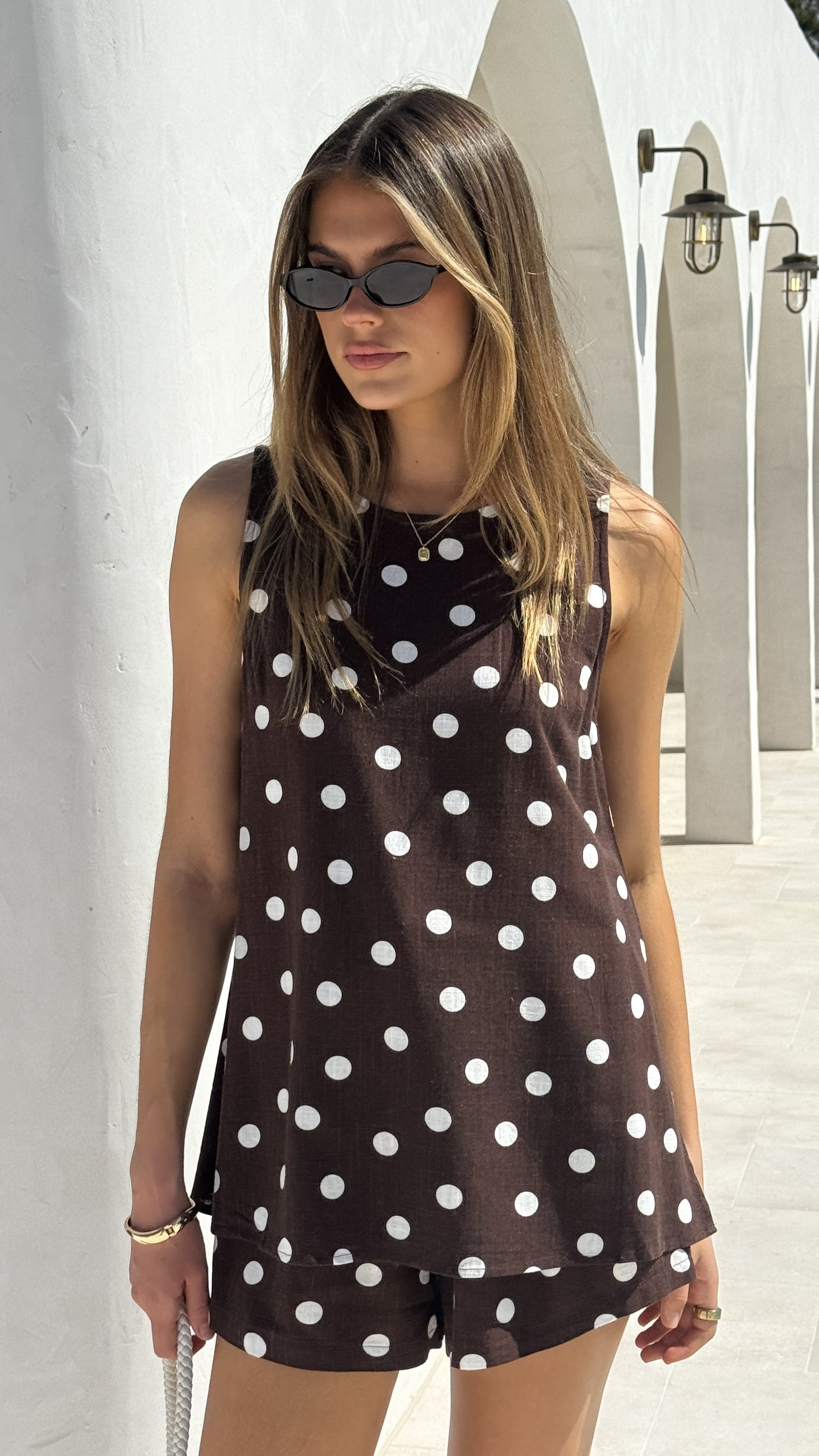 Janae Top and Shorts Set - Brown/White Polka