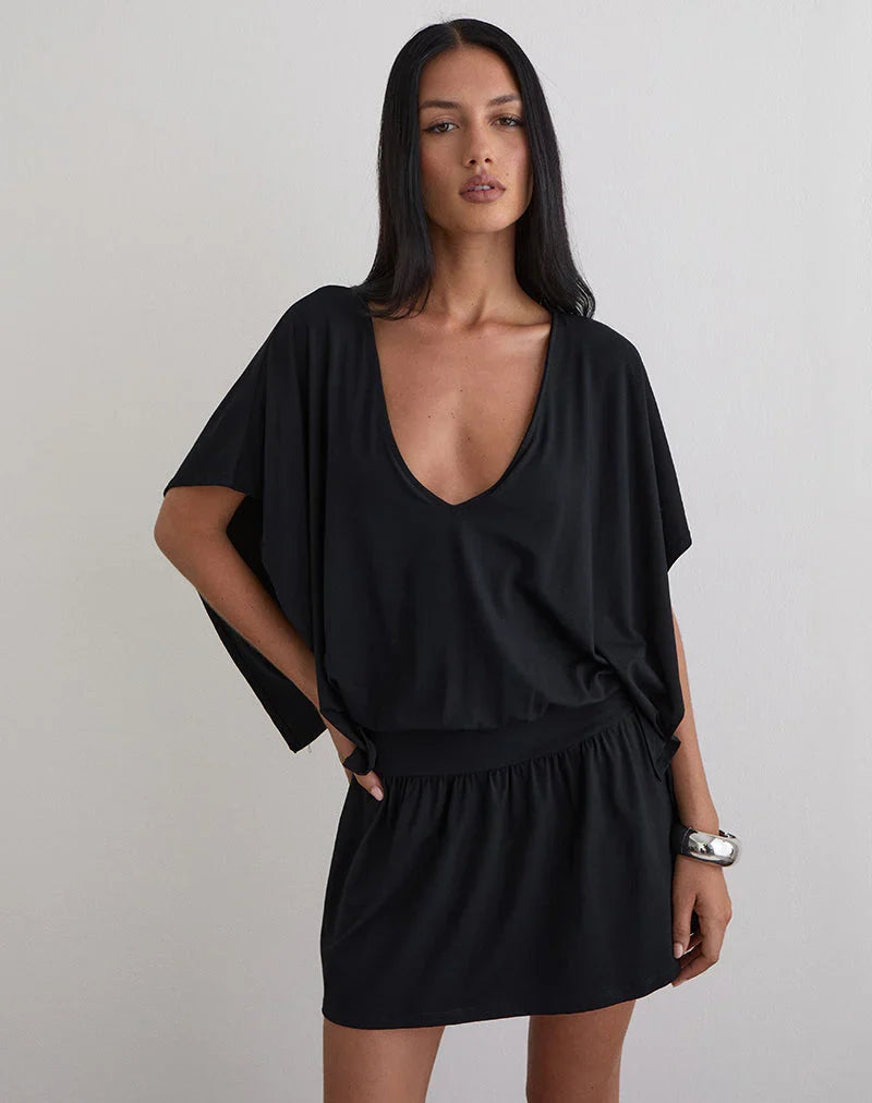 Osiri Batwing Plunge Mini Dress in Jersey Black