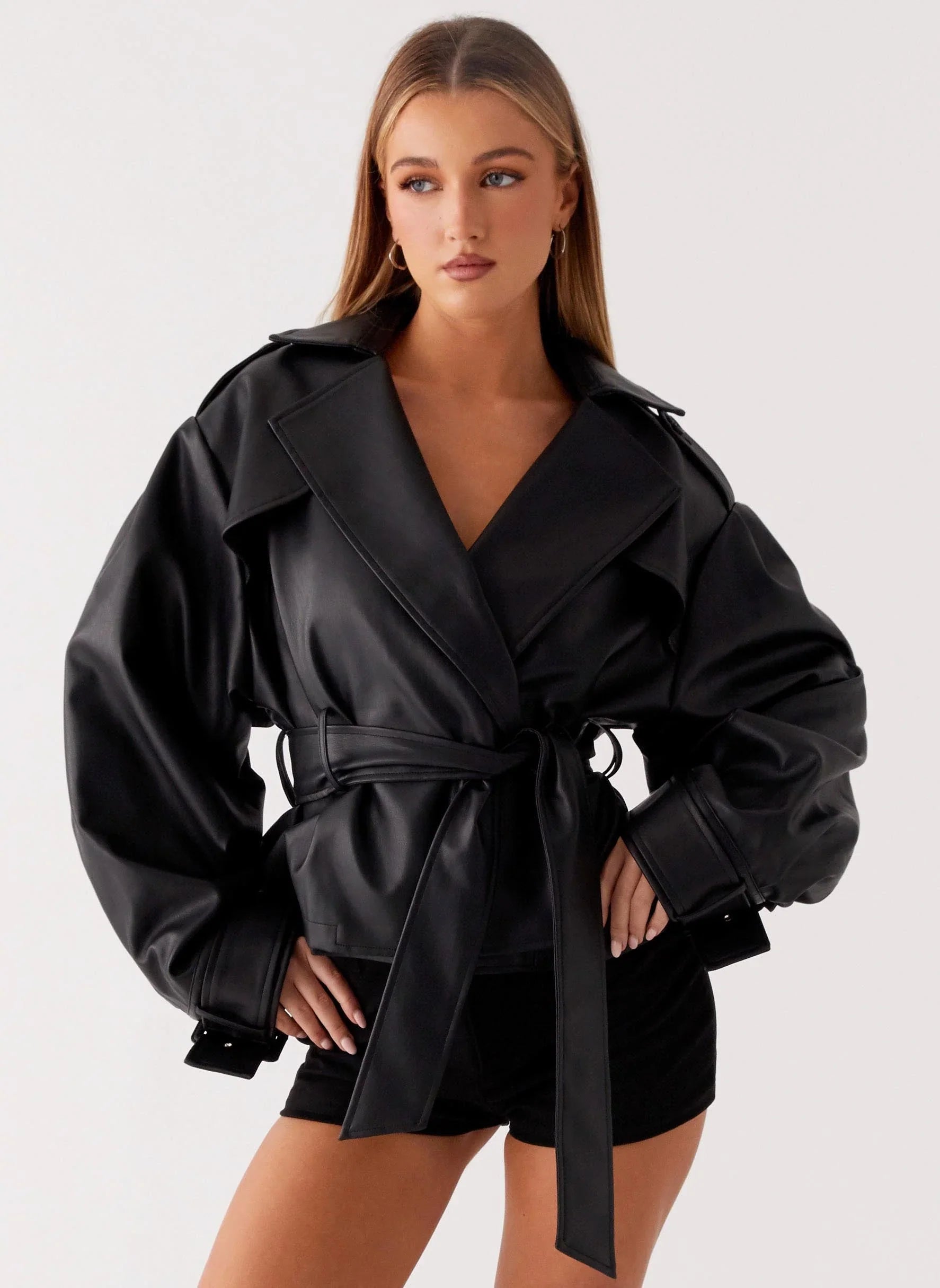 Midtown Faux Leather Trench - Black