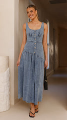 Generosa Button Front Maxi Dress - Mid Blue Denim
