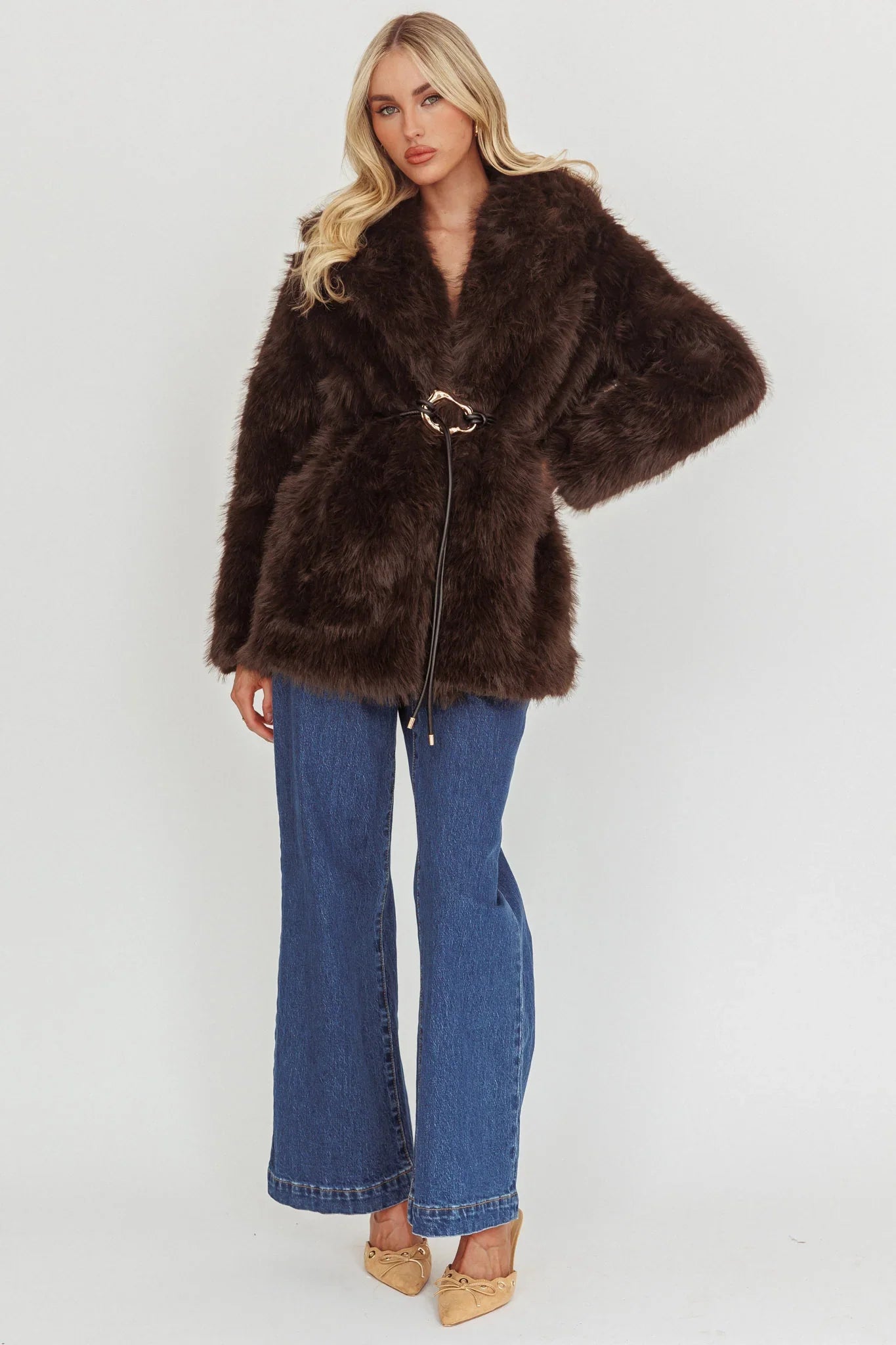 Brisa Belted Lapel Coat Faux Fur Brown