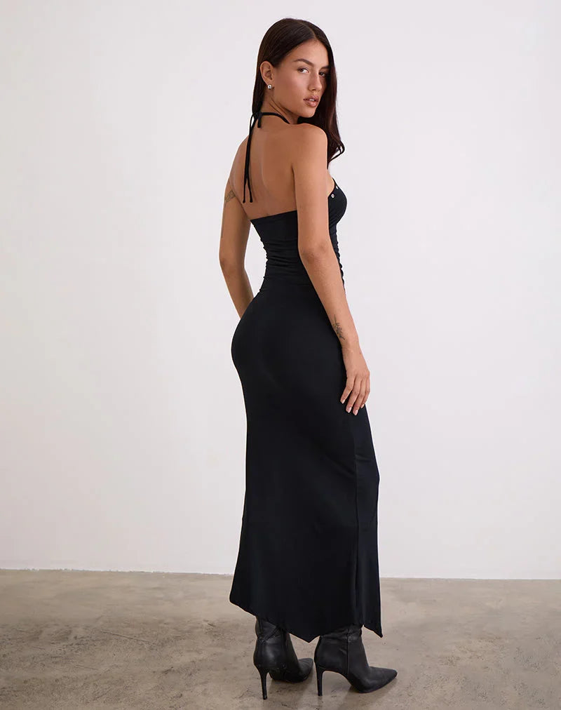 Ishikawa Asymmetrical Maxi Dress with Eyelets in Black