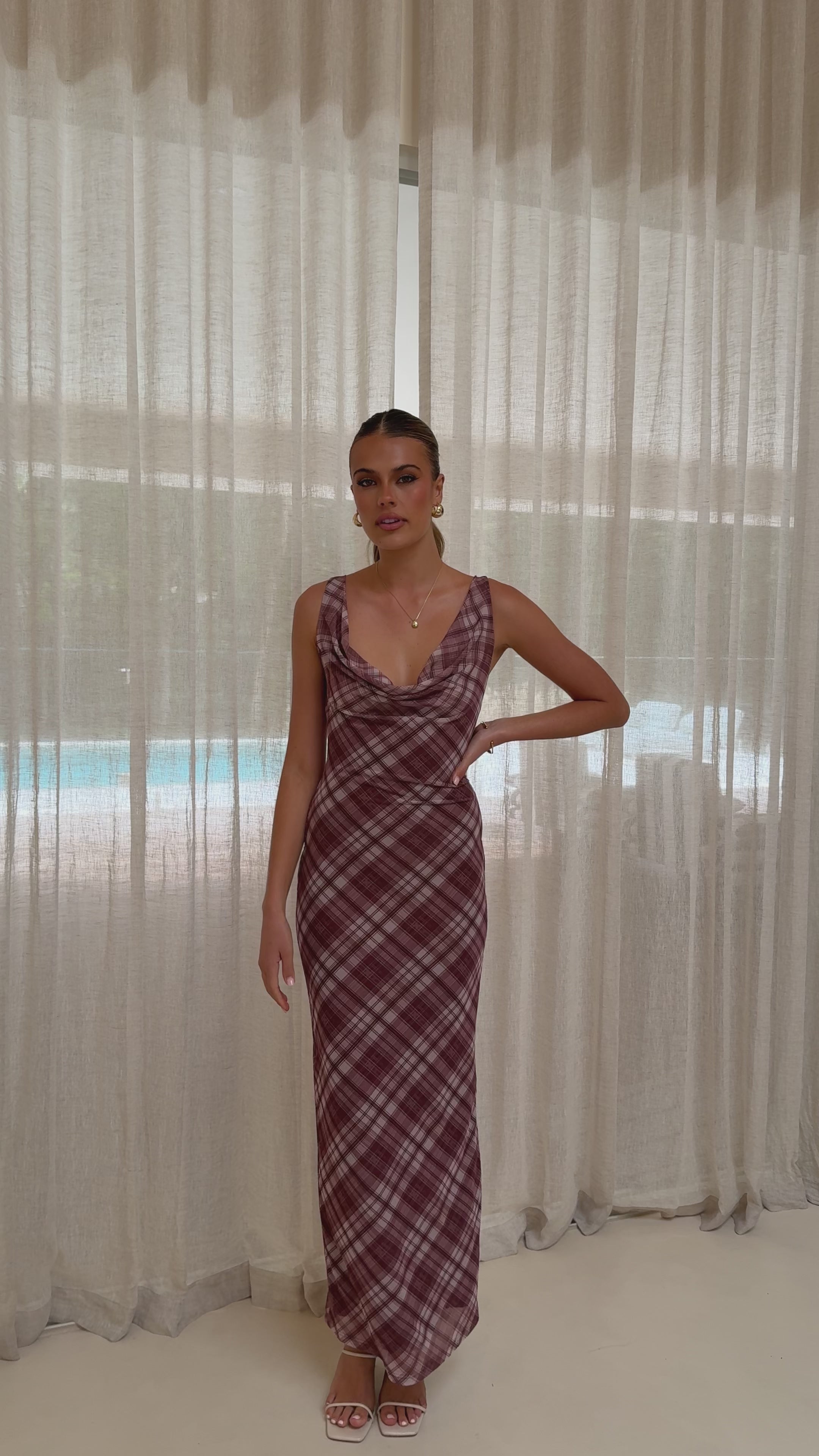 Harena Off Shoulder Maxi Dress - Brown Plaid Print