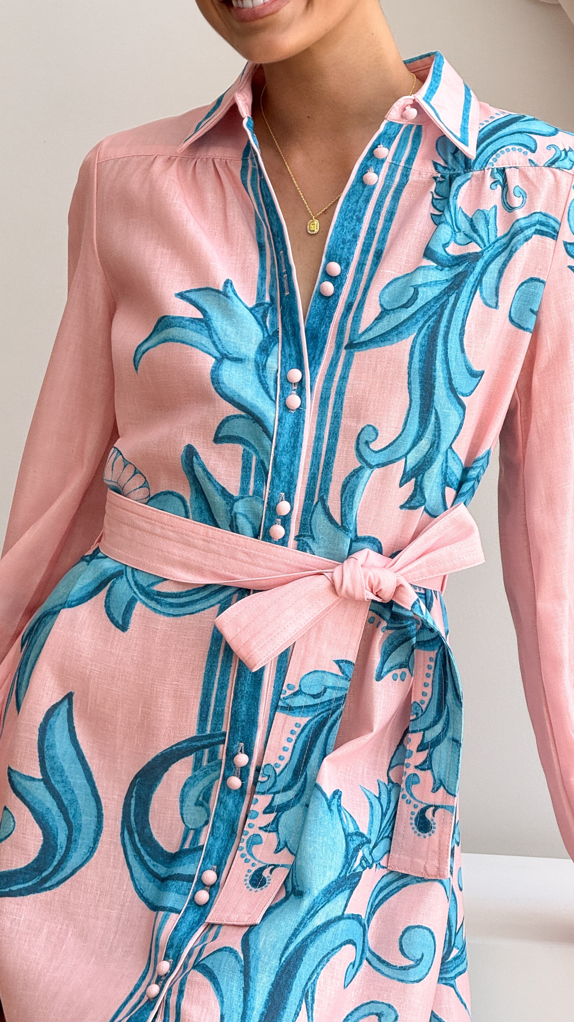 Lucia Long Sleeve Mini Dress - Aqua/Pink Print