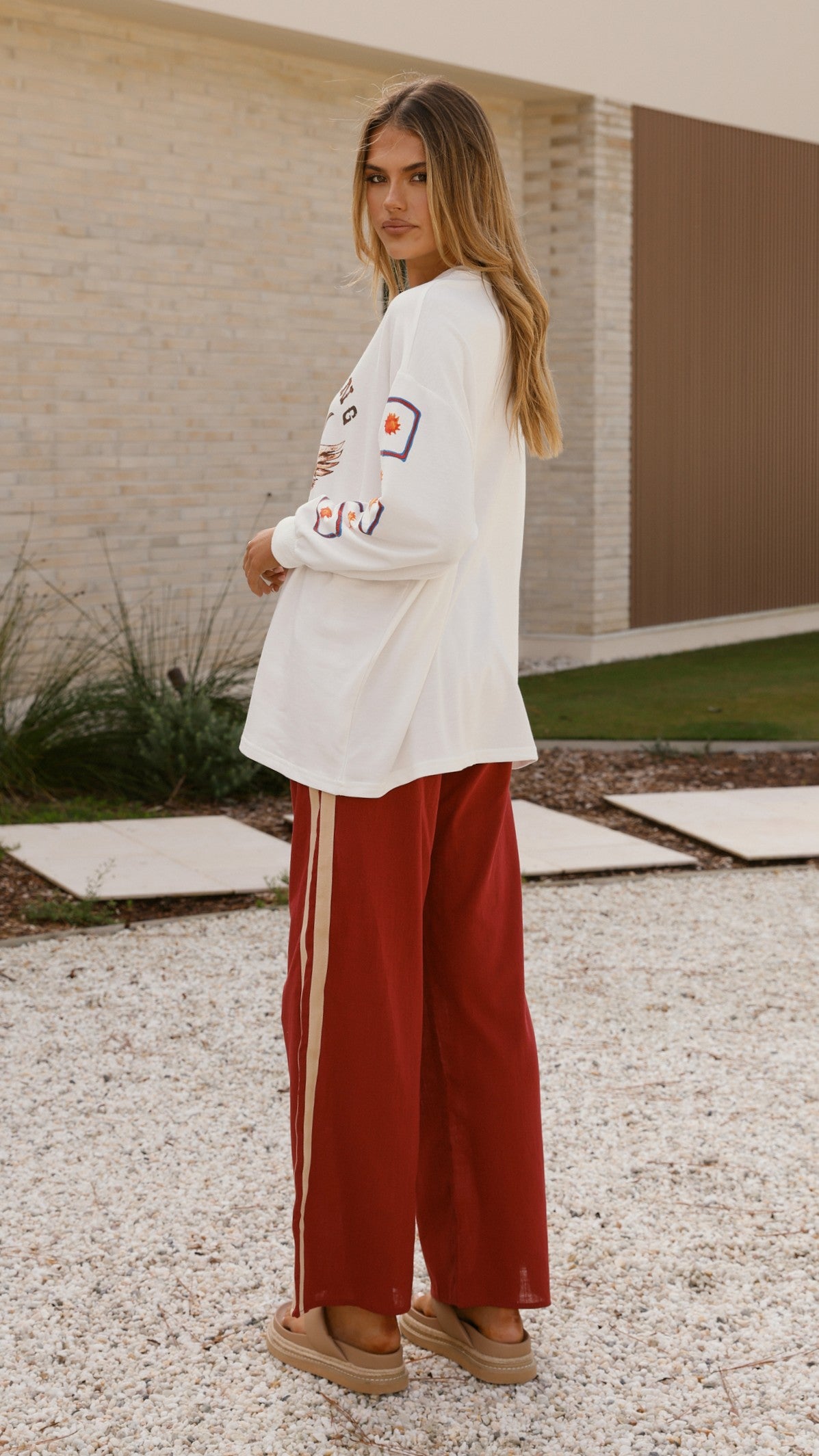 Wandering Heart Long Sleeve Top and Pants Set - Dark Red