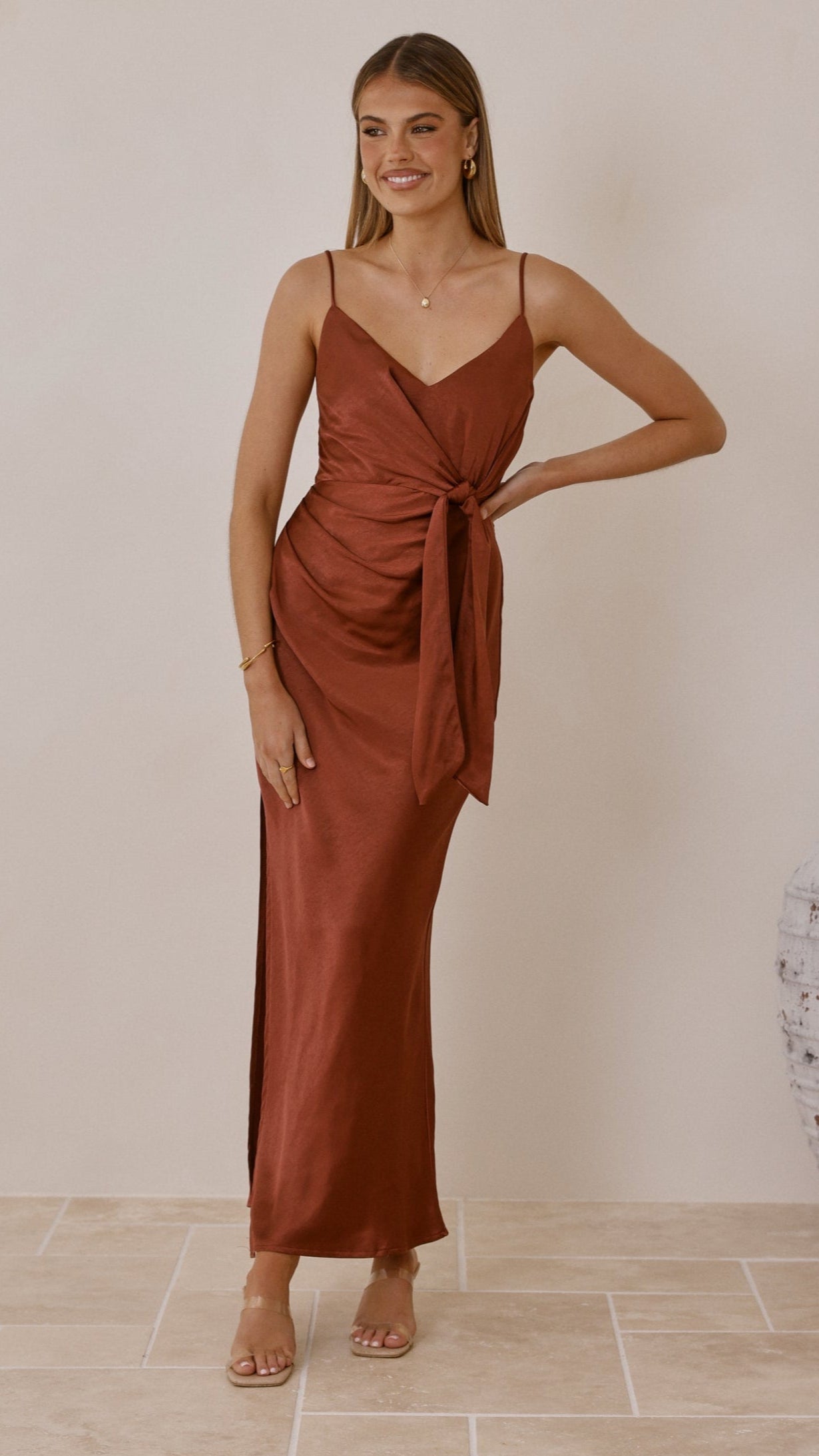 Yasmeen Tie Front Maxi Dress - Rust