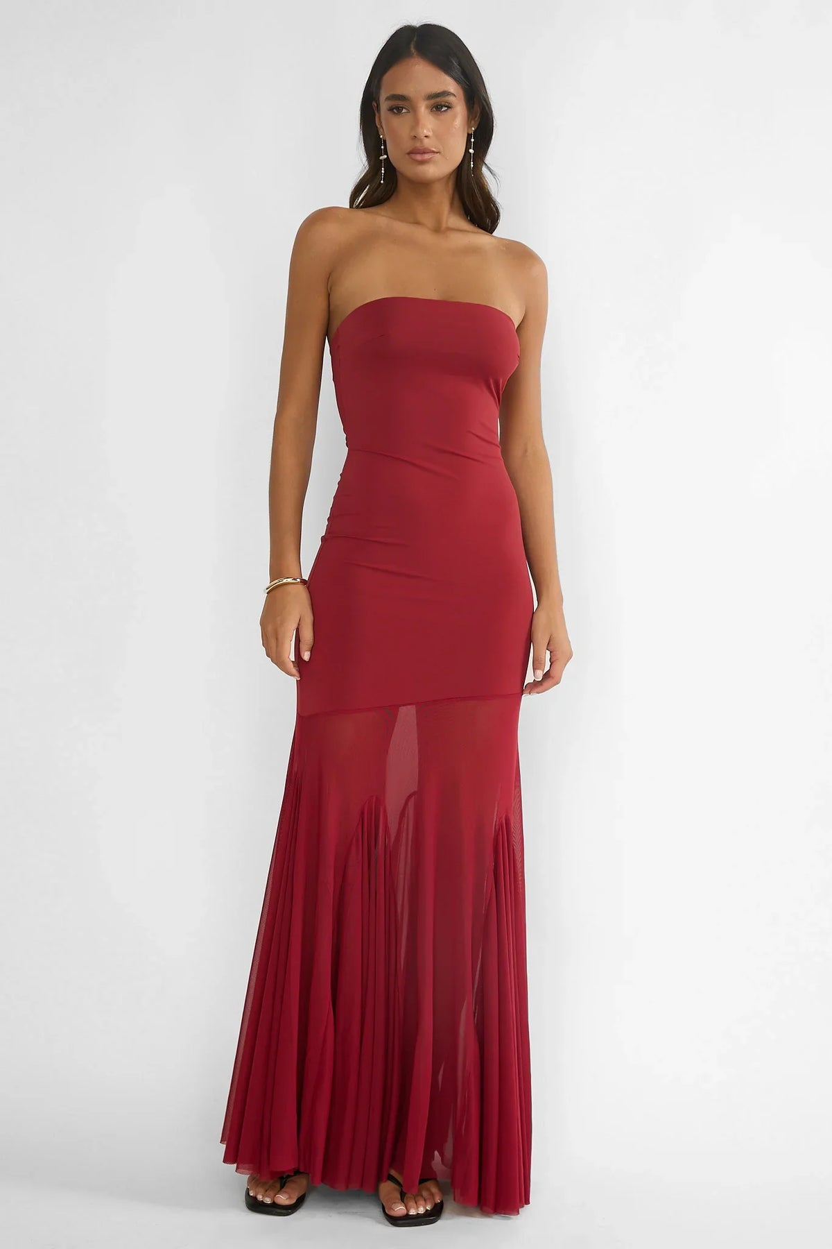 Velvet Rope Strapless Mesh Maxi Dress Wine