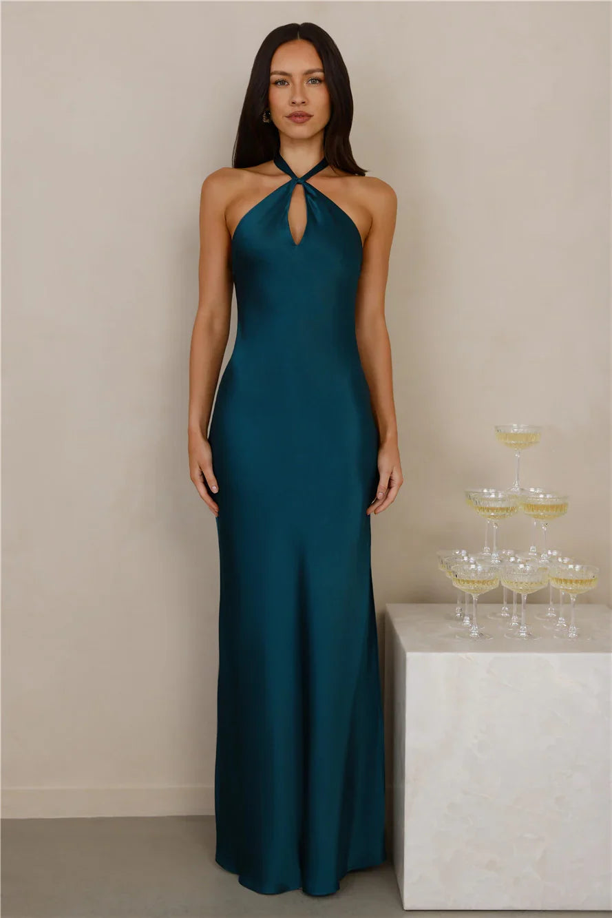 The Delilah Satin Halter Maxi Dress Teal