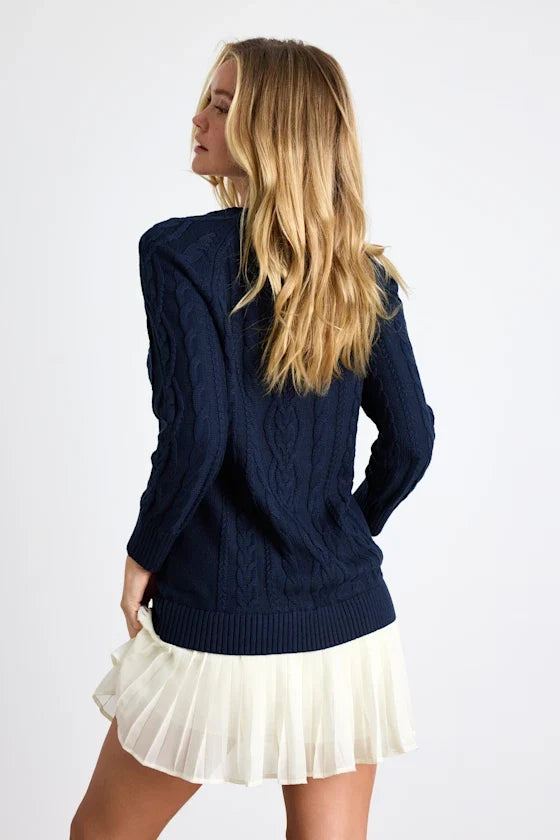 Alvie Navy Cable Knit Drop Waist Sweater Dress