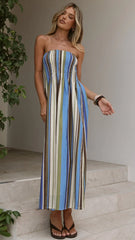 Tierra Strapless Maxi Dress - Blue/Khaki Stripe