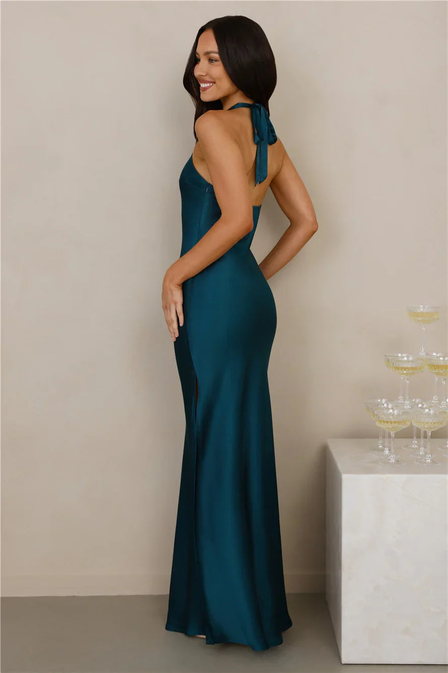 The Delilah Satin Halter Maxi Dress Teal